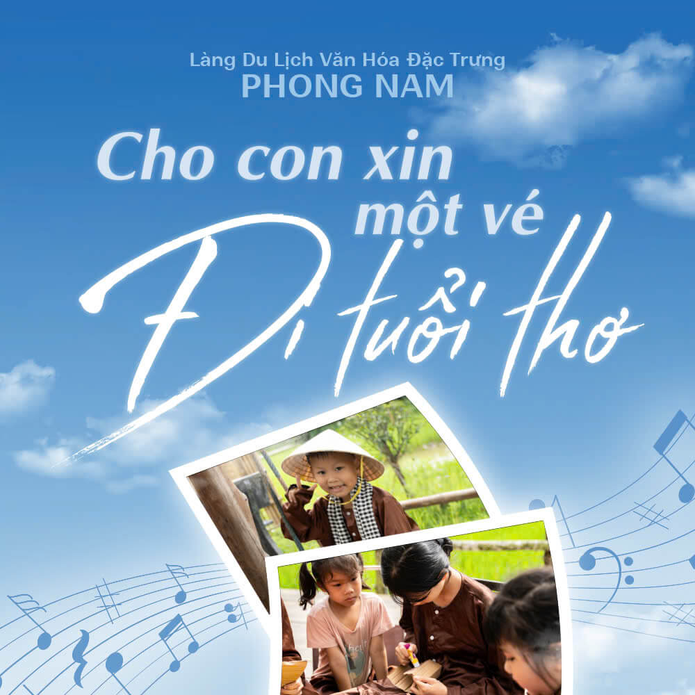 Hai em nhỏ mặc đồ bà ba ăn cơm trước ngôi nhà cổ tại làng du lịch văn hóa Phong Nam